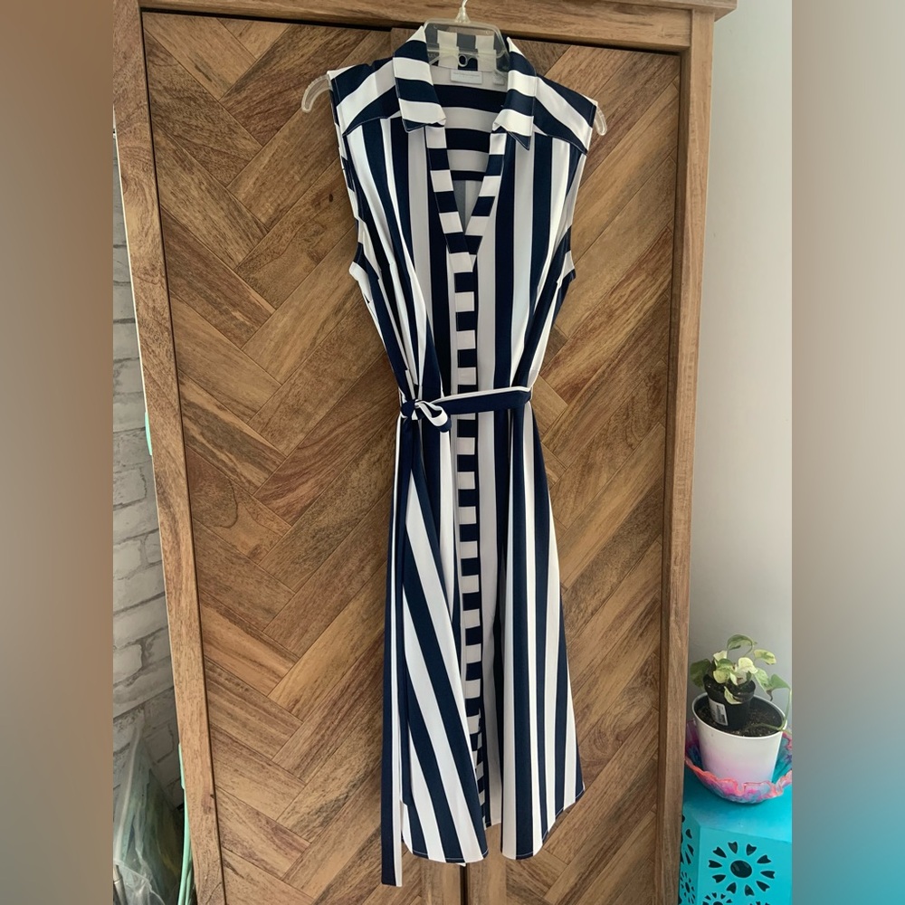 New York & Company Navy and White Striped Maxi Dress with Belt